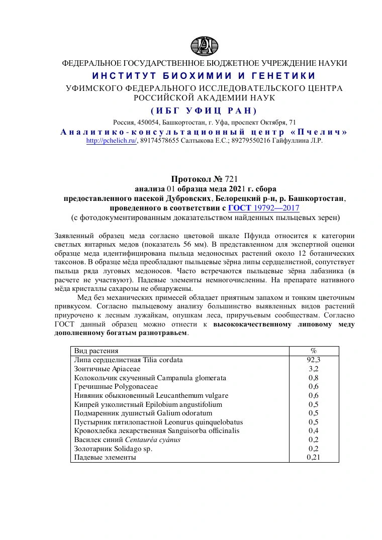 Первая страница документа: Образец № 721: горный липовый мёд