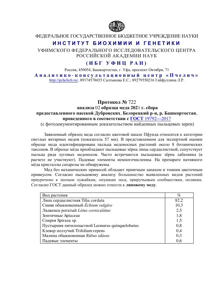 Первая страница документа: Образец № 722: равнинный липовый мёд